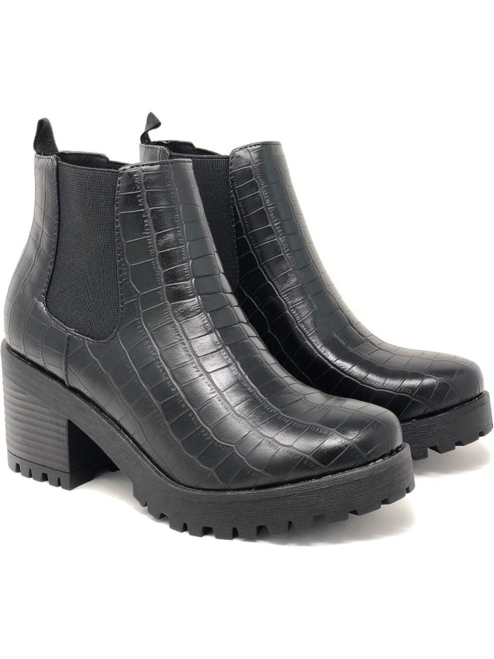 Women's Black Croco Patent Pull On Chunky Heel Closed Toe Ankle Booties Shoes